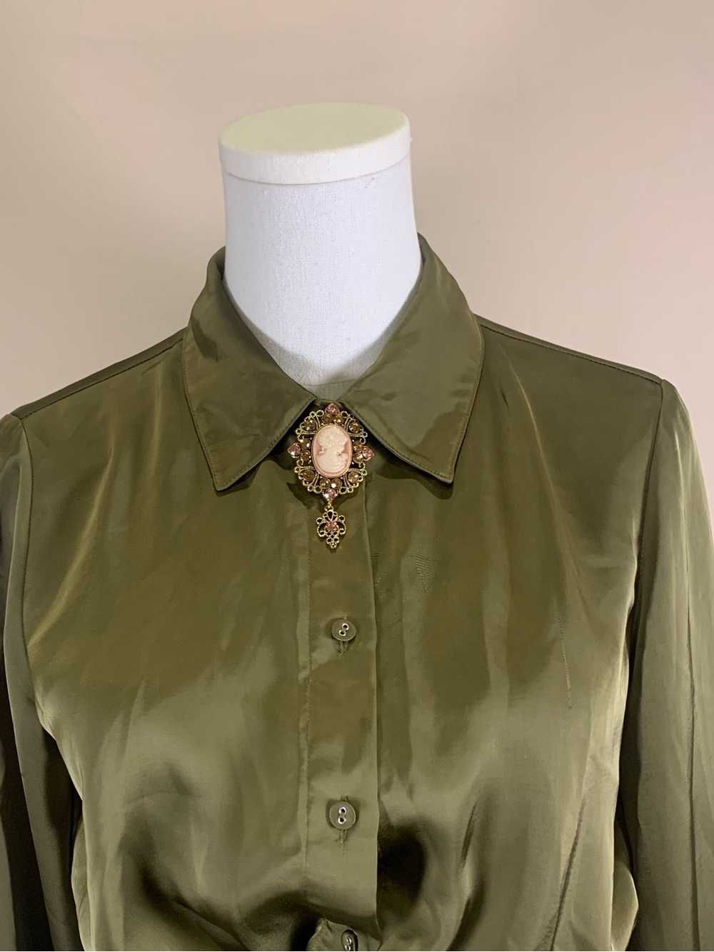 Cami NYC Olive Satin Button Front Blouse, Size S